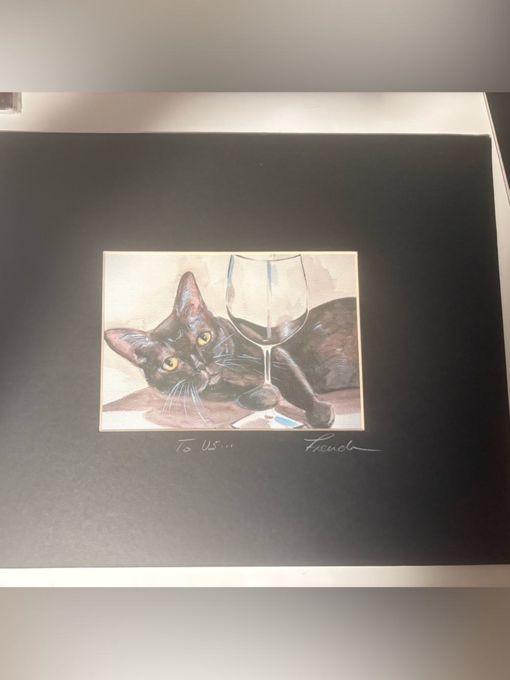 Whiskers and Wine collection, Black Cat Art Print with Wine Glass “wine goggles”